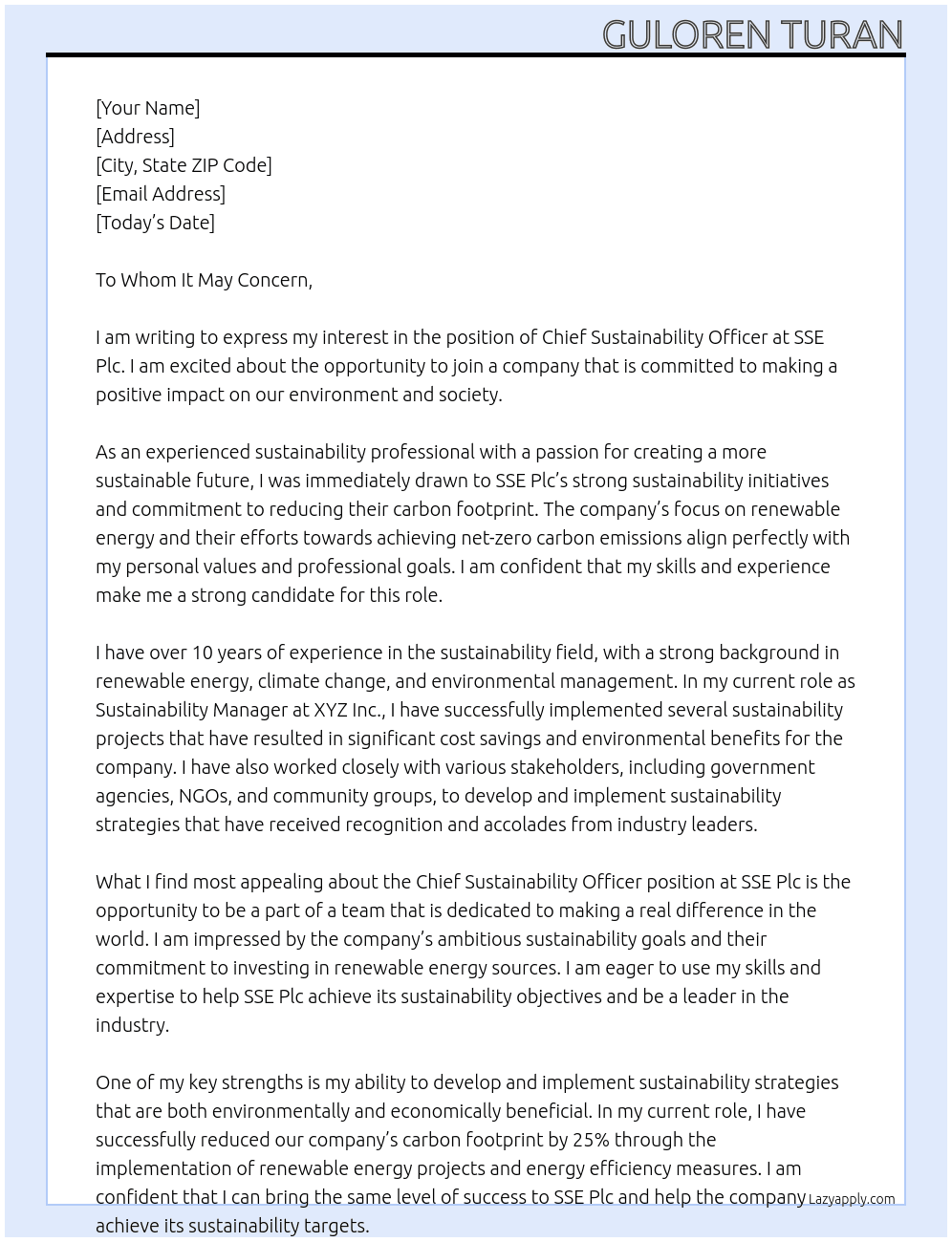 Chief Sustainability Officer At SSE Plc Cover Letter