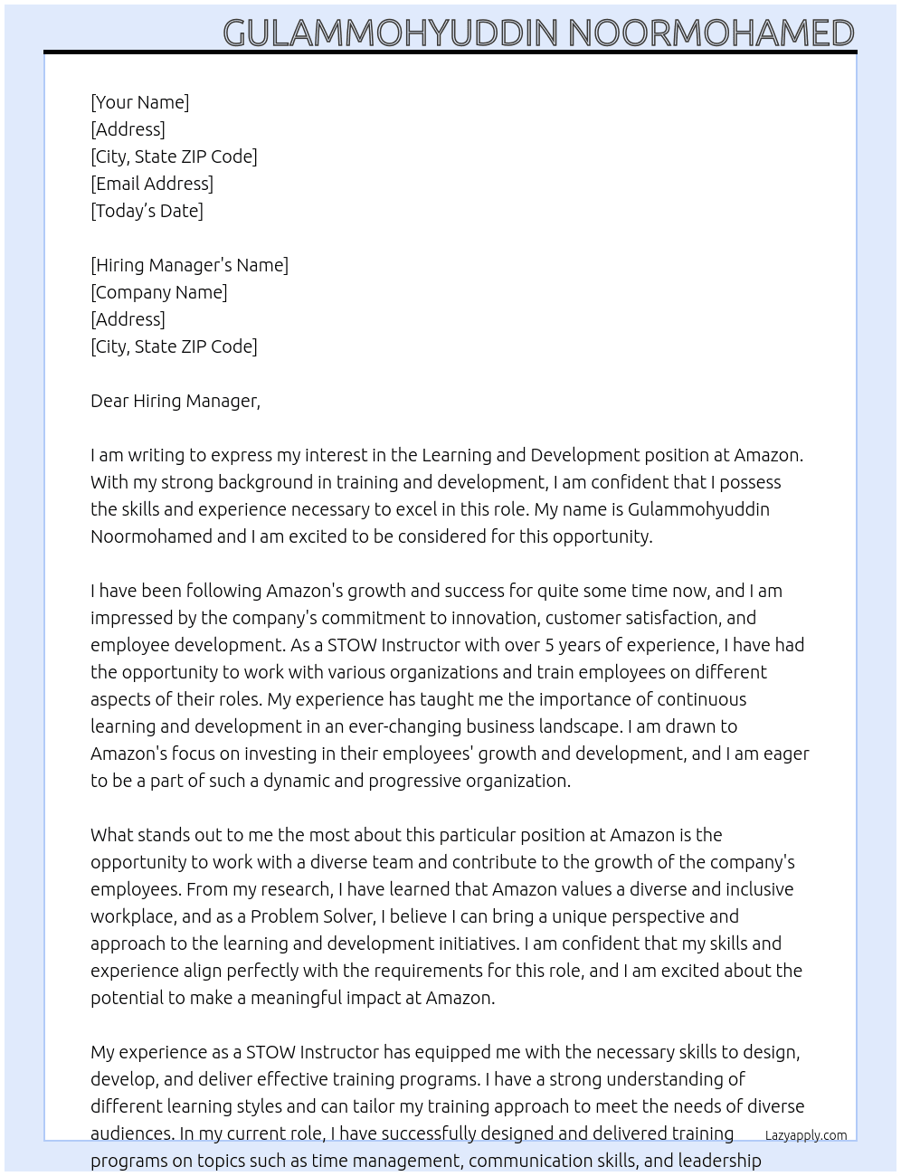 Learning and Development At Amazon Cover Letter