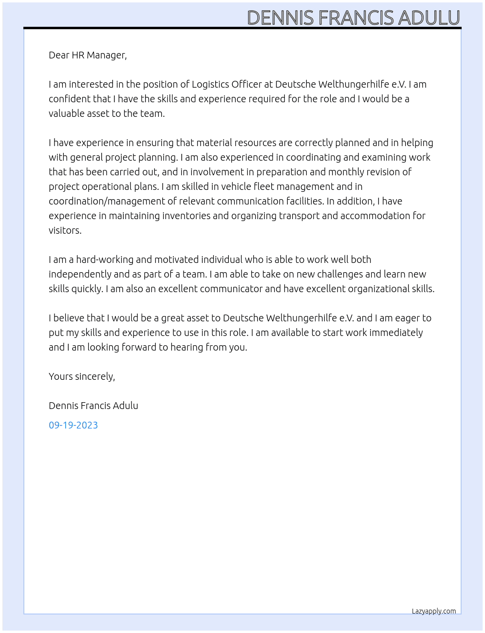Logistics officer At Deutsche Welthungerhilfe e.V. Cover Letter