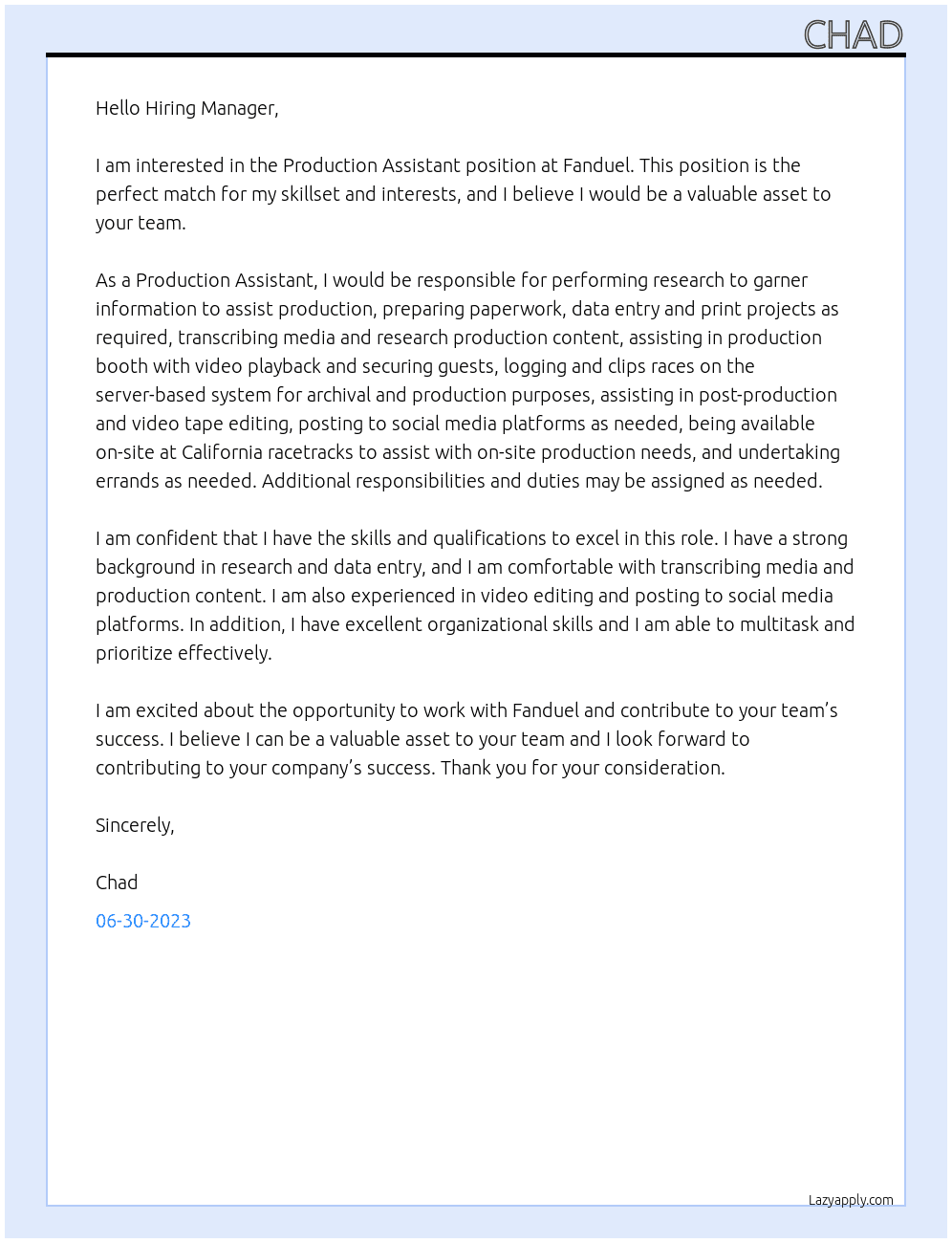 Production Assistant At Fanduel Cover Letter
