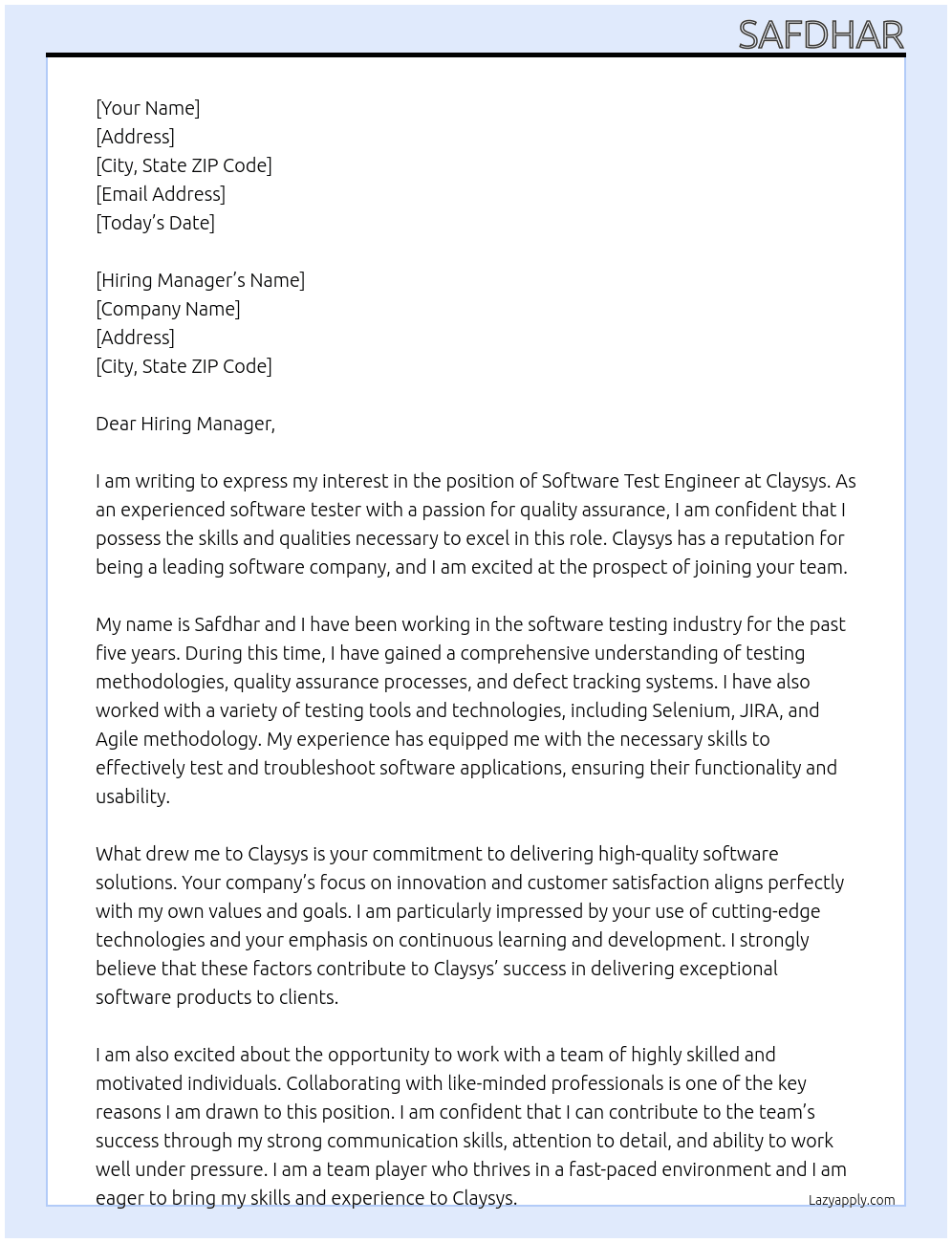 software Test Engineer At claysys Cover Letter