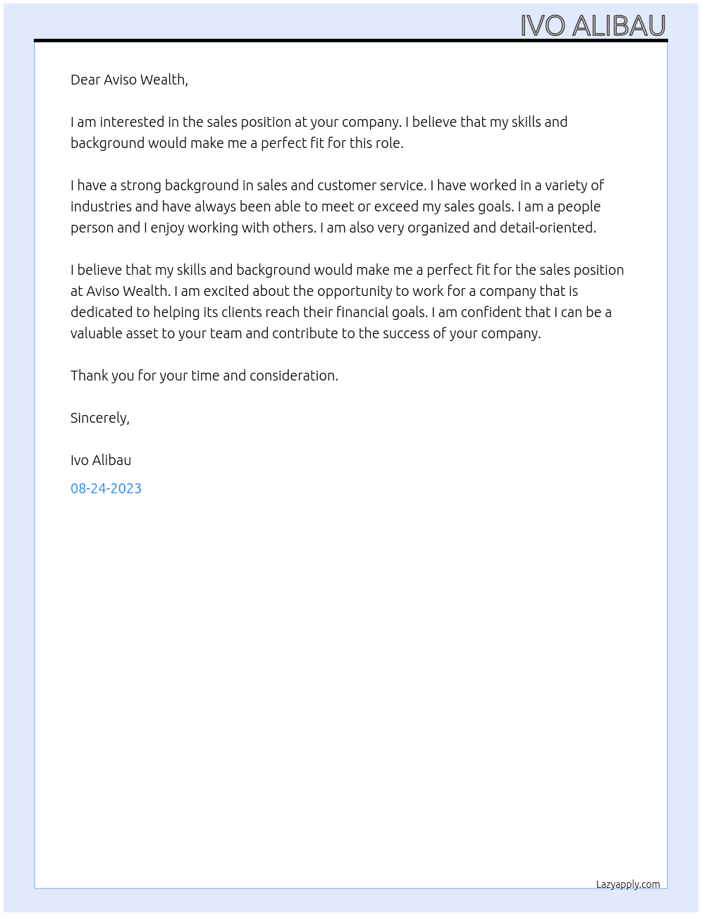 Sales  At Aviso Wealth  Cover Letter