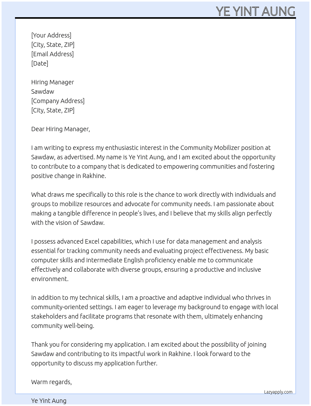 Community Mobilizer At Sawdaw Cover Letter