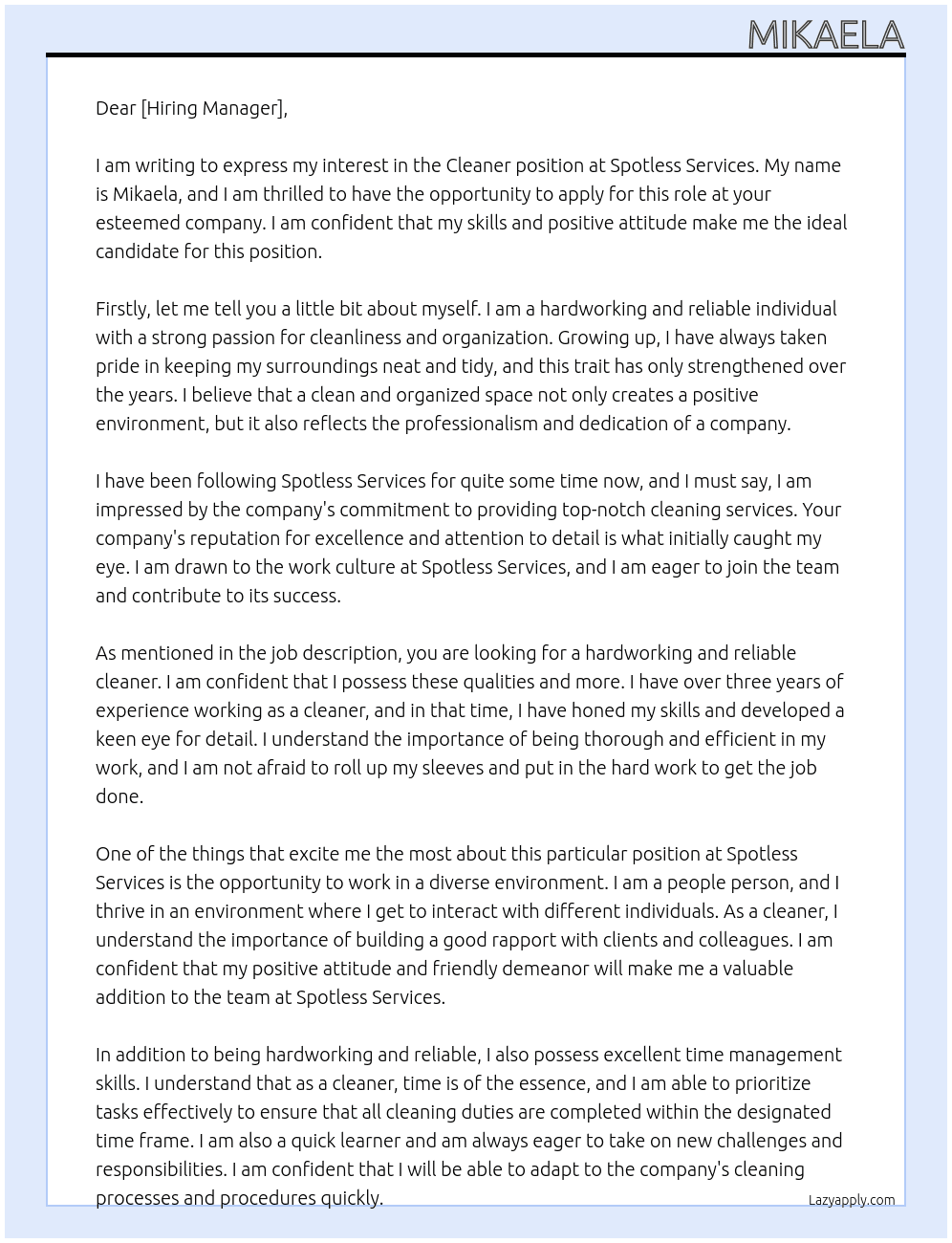 cleaner At spotless services  Cover Letter