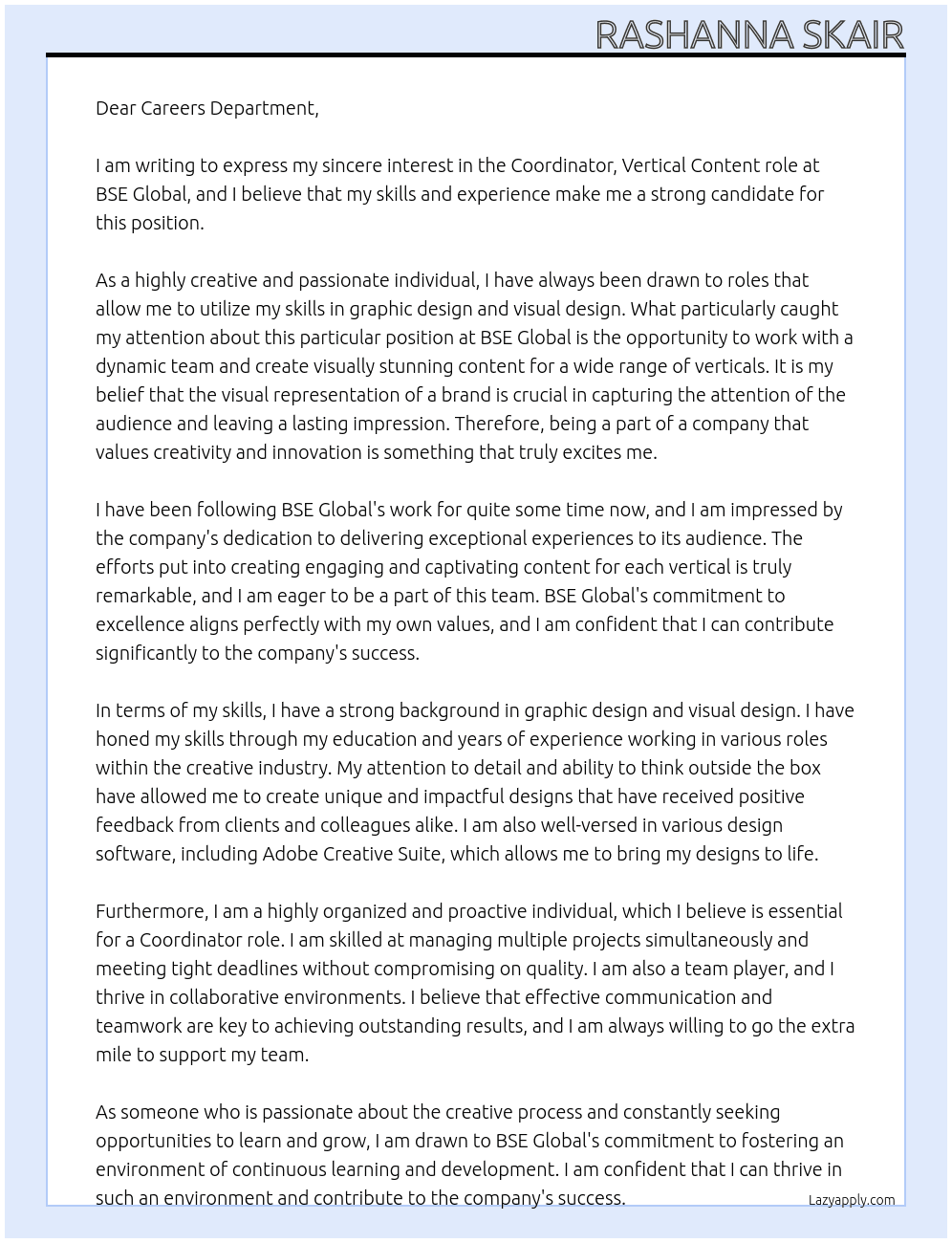 Coordinator, Vertical Content At BSE Global  Cover Letter