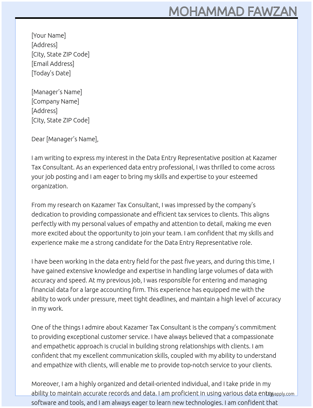 Data Entry Representative At Kazamer Tax Consultant Cover Letter