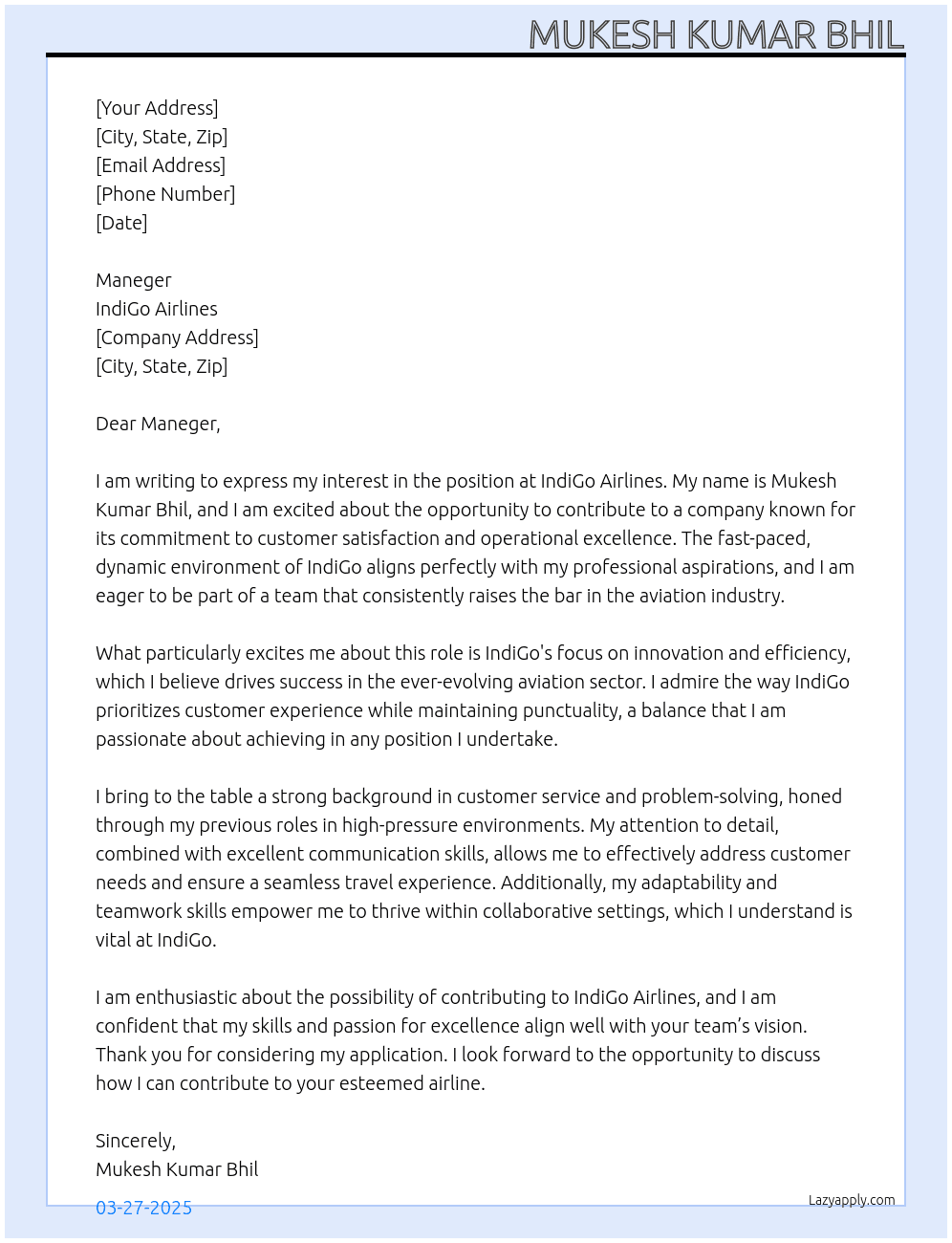 Cover letter for indigo aerline - LazyApply