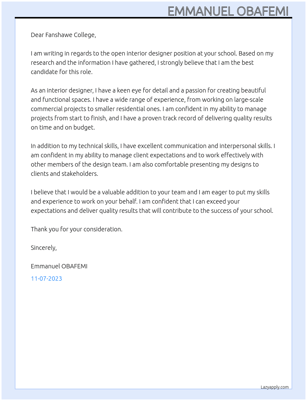 Interior designer  At School  Cover Letter