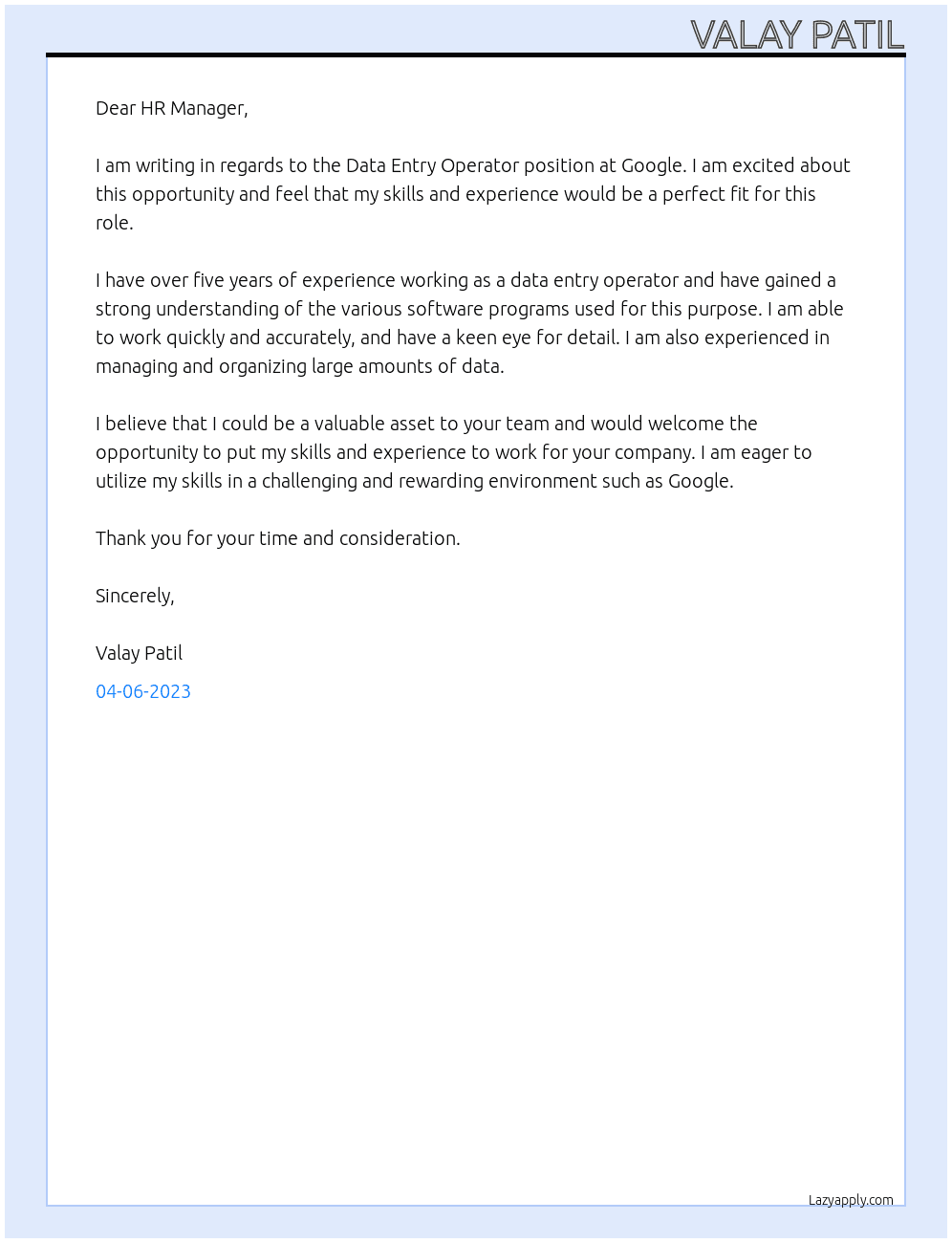 Data Entry Operator At Google Cover Letter
