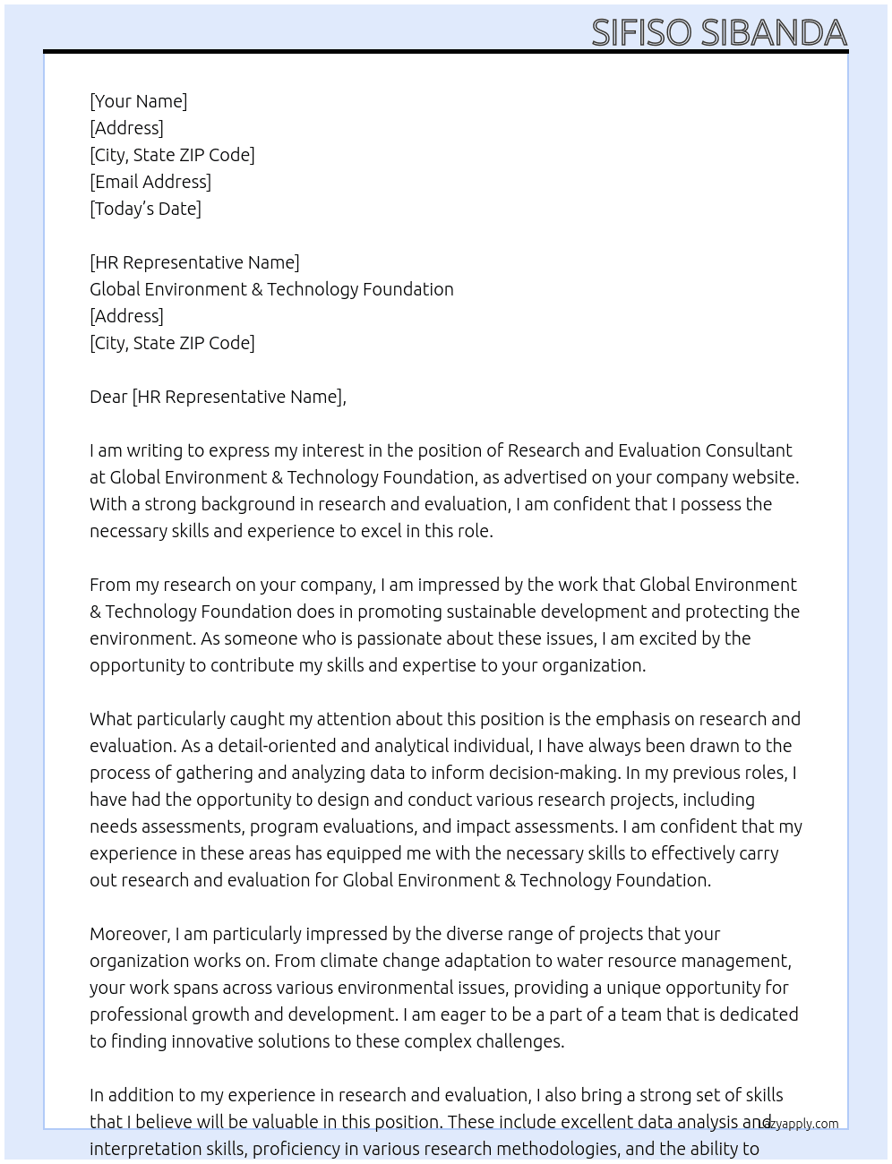 Research and evaluation consultatnt  At Global Environment & Technology Foundation Cover Letter