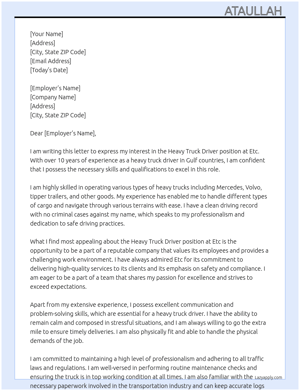 Havy Truck Driver At Etc Cover Letter