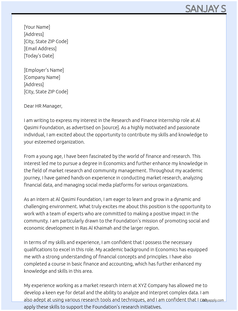 Research and finance At Al Qasimi Foundation Cover Letter