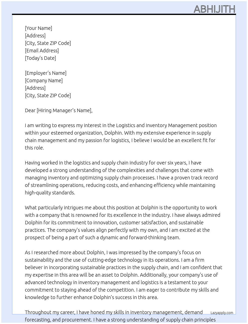 Logistics and inventory management ssupplychain At Dolphin  Cover Letter