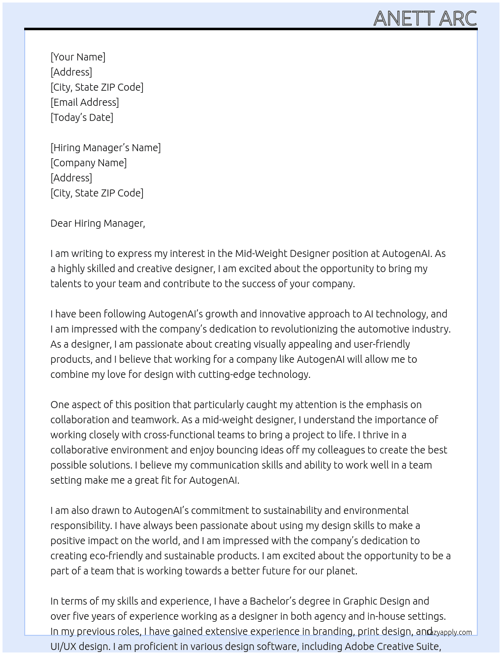 Mid-Weight Designer At AutogenAI Cover Letter