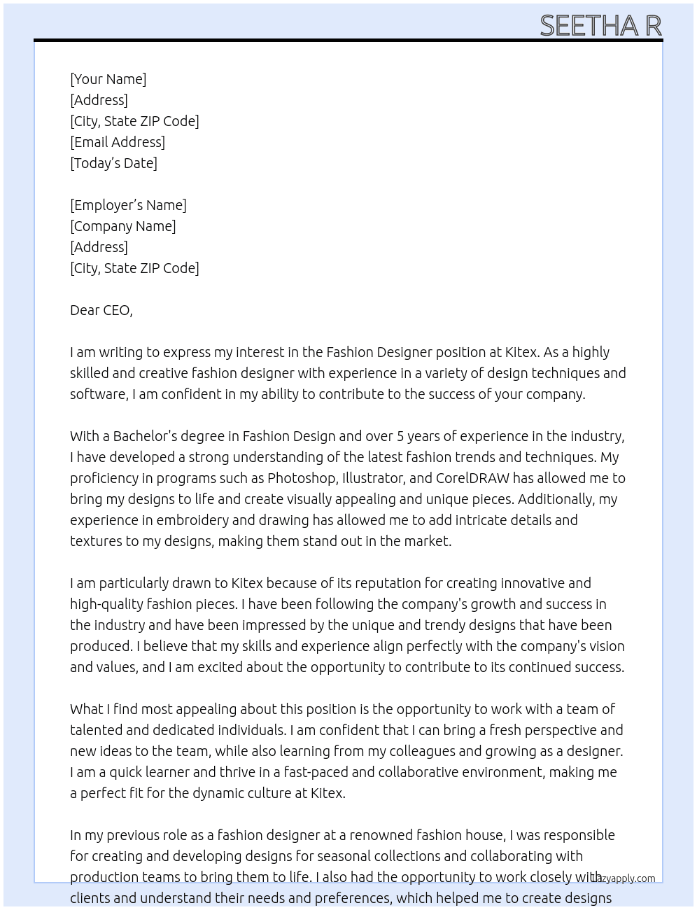 Fashion designer At Kitex Cover Letter
