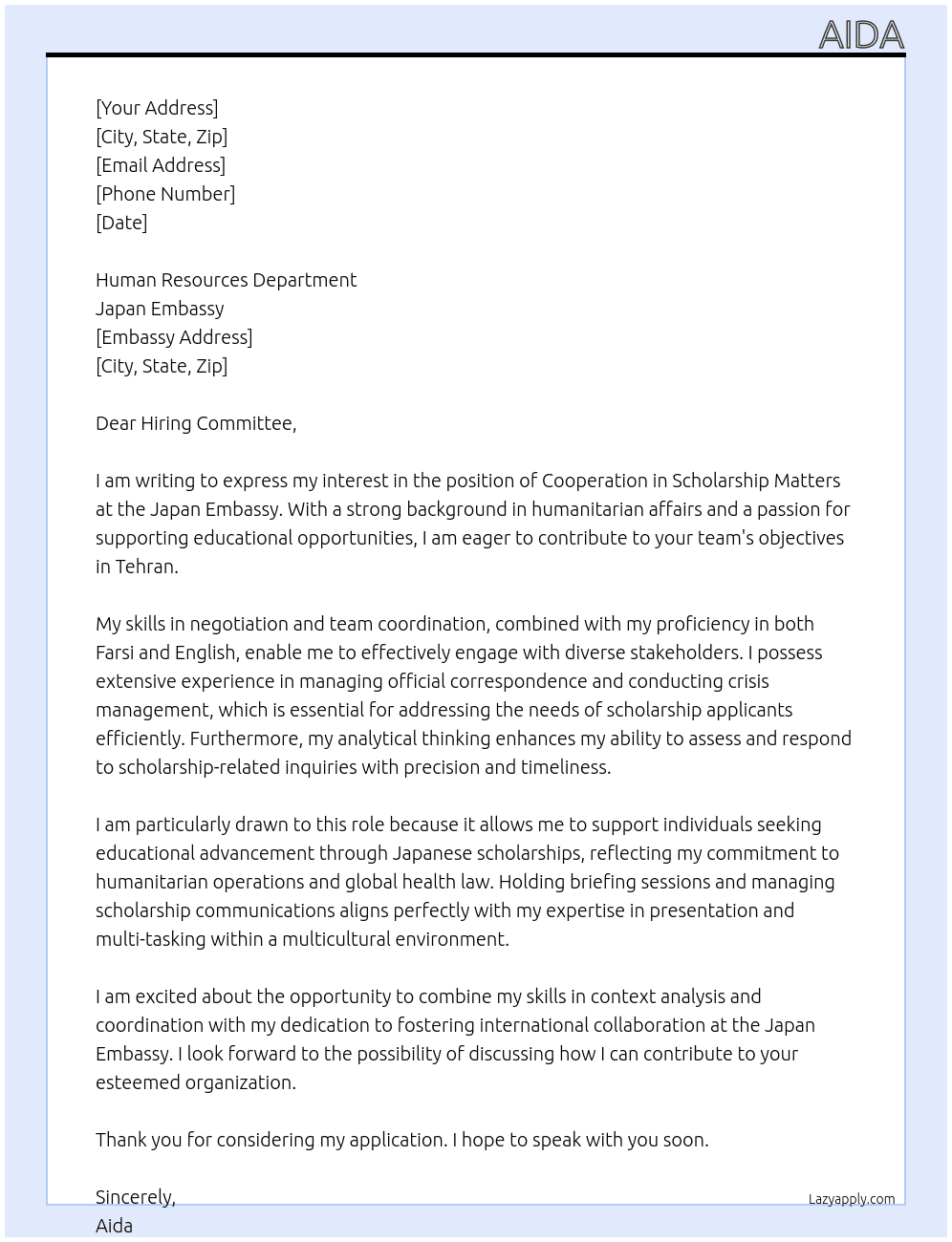Cooperation in scholarship matters At Japan Embassy Cover Letter