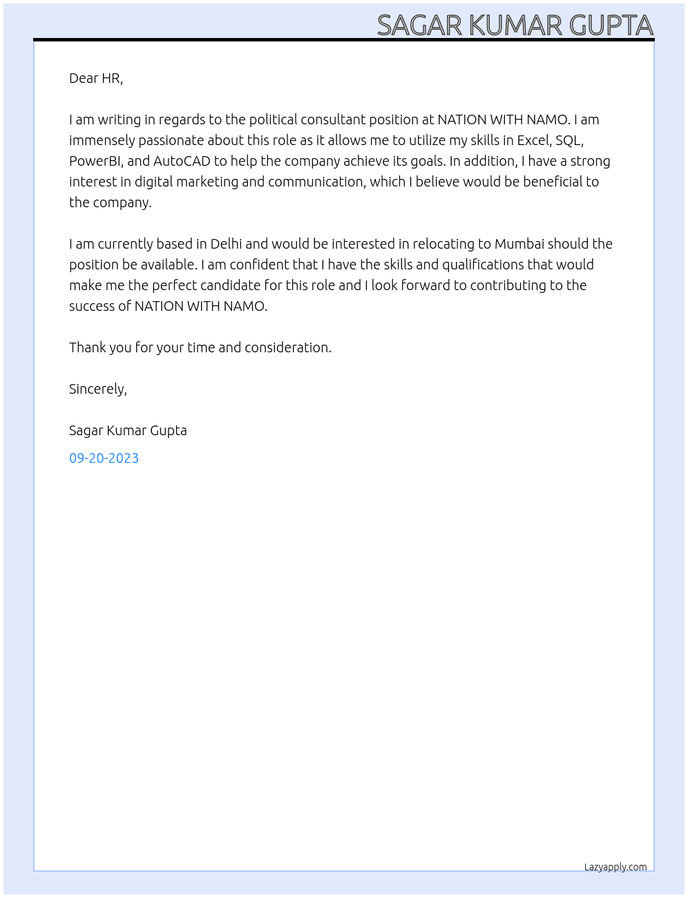 political consultant At NATION WITH NAMO Cover Letter