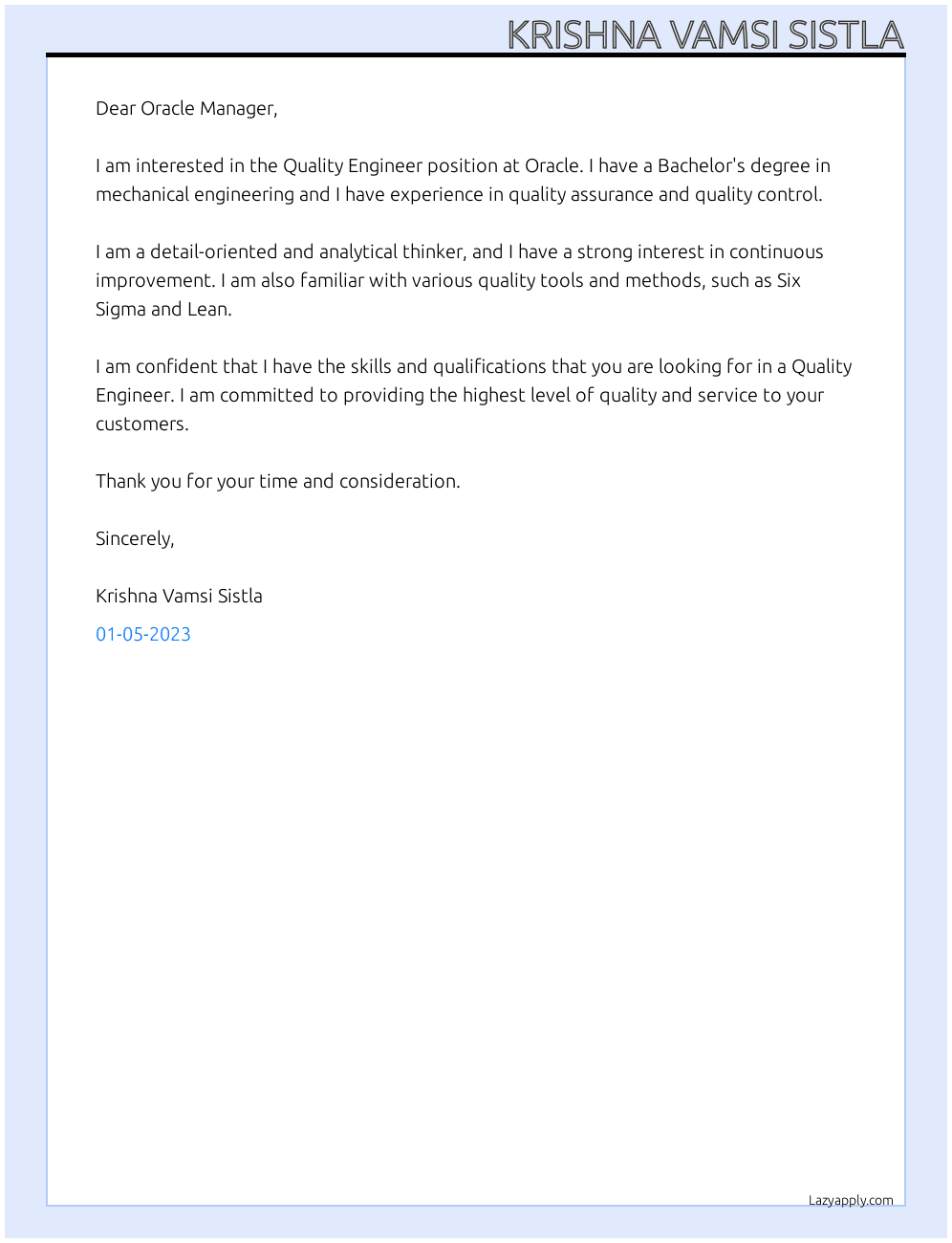 Quality Engineer At Oracle Cover Letter