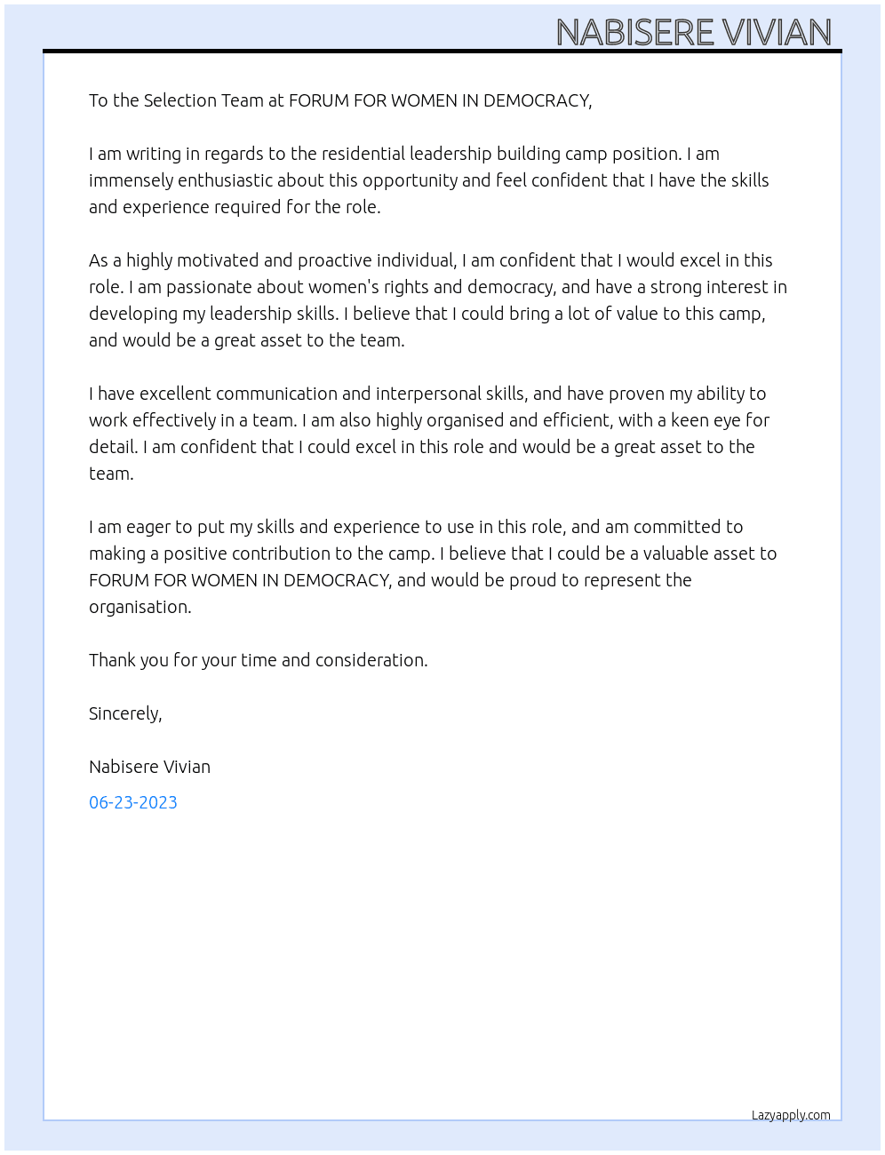 residential leadership building camp At FORUM FOR WOMEN IN DEMOCRACY Cover Letter