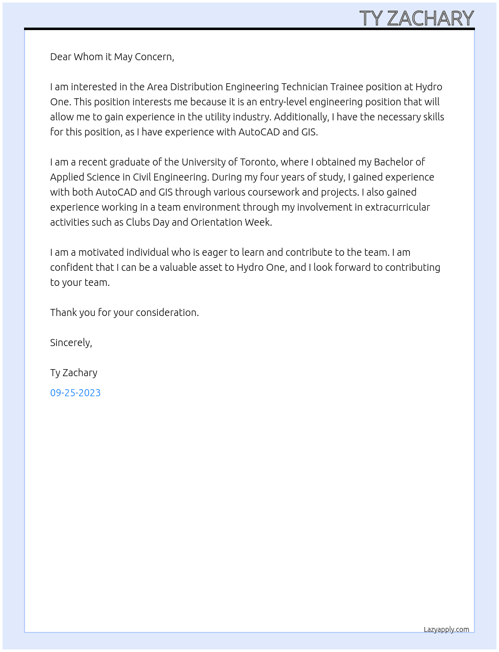 Area Distribution Engineering Technician Traniee At Hydro One Cover Letter