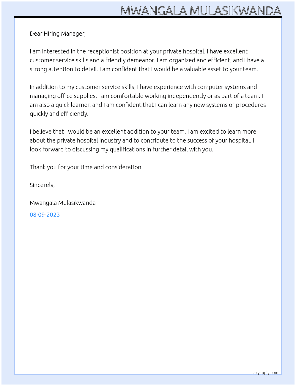 receptionist  At private hospital Cover Letter