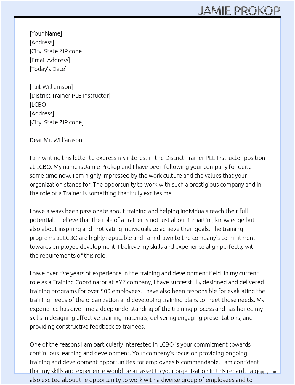 District Trainer PLE Instructor At LCBO Cover Letter