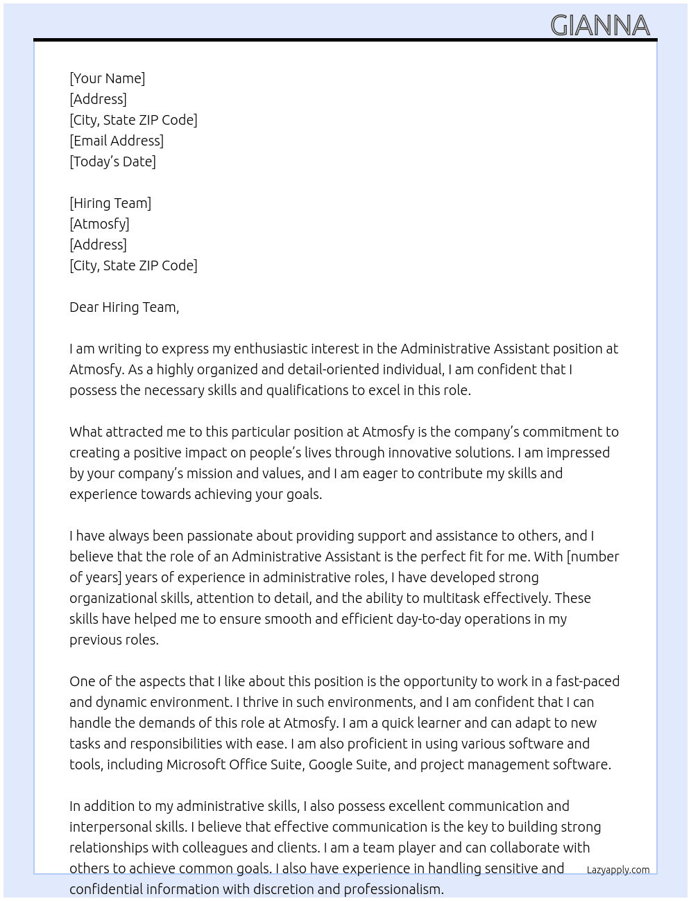 Administrative Assistant  At Atmosfy Cover Letter
