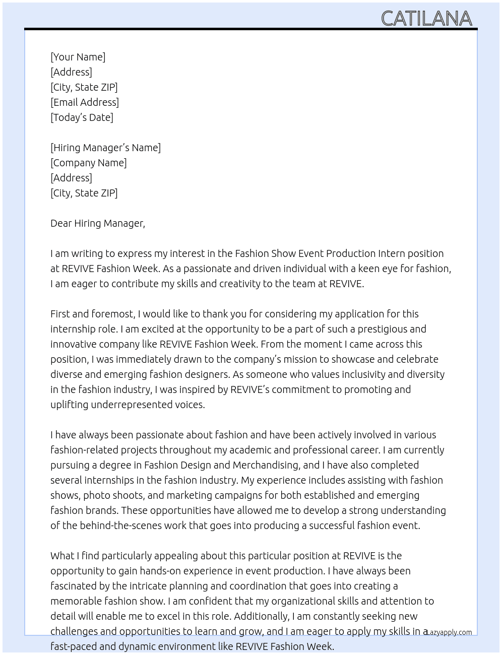 Fashion Show Event Production Intern At REVIVE Fashion Week Cover Letter