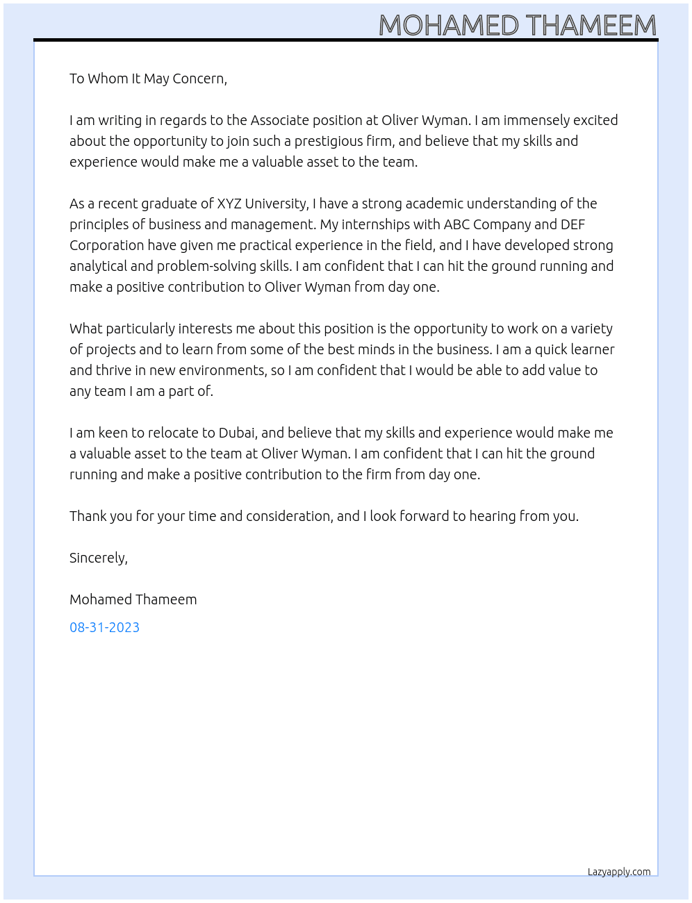 Associate At Oliver Wyman Cover Letter