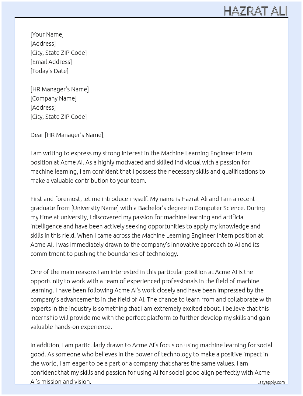 Machine Learning Engineer Intern At Acme AI Cover Letter