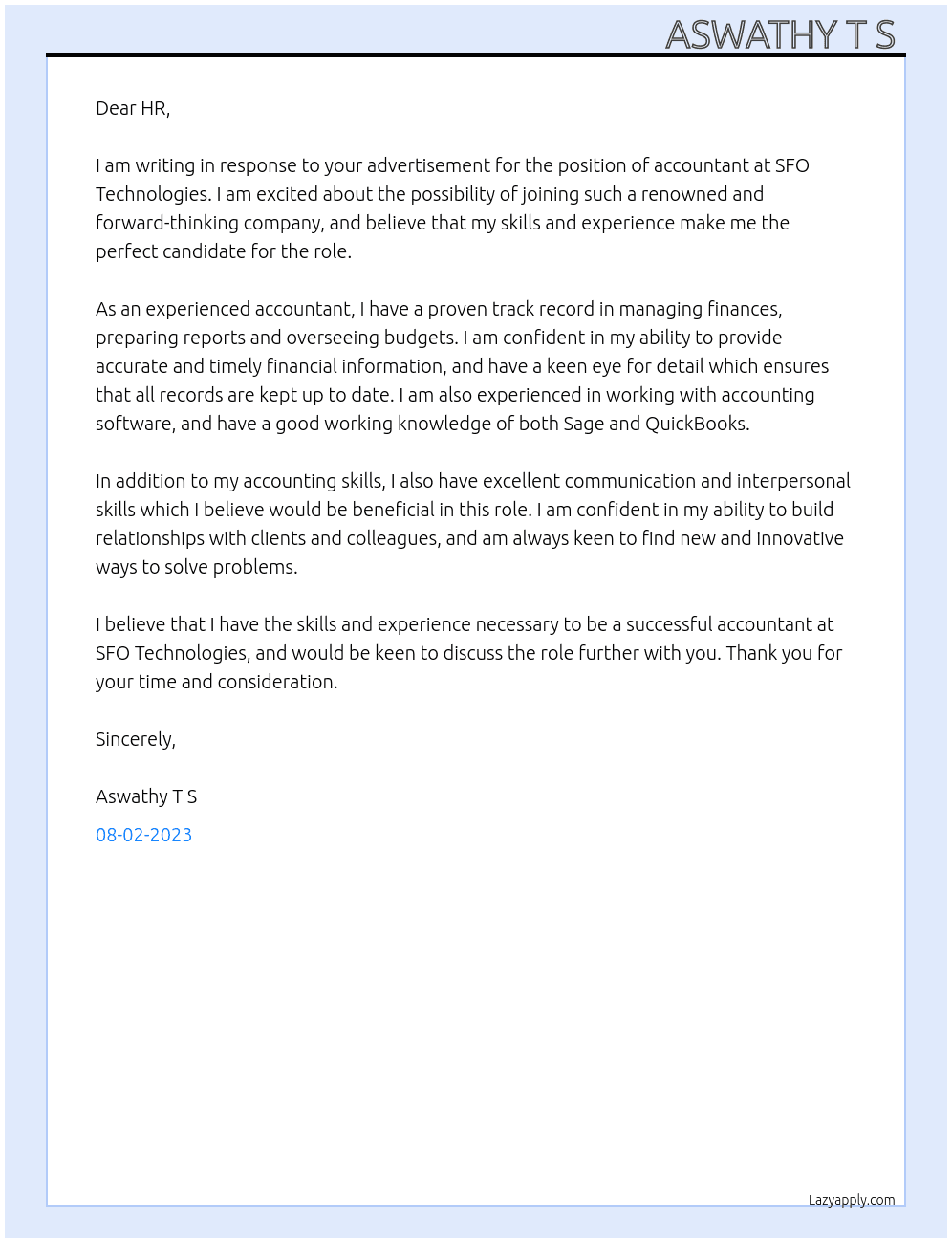 Accountant  At SFO Technologies  Cover Letter
