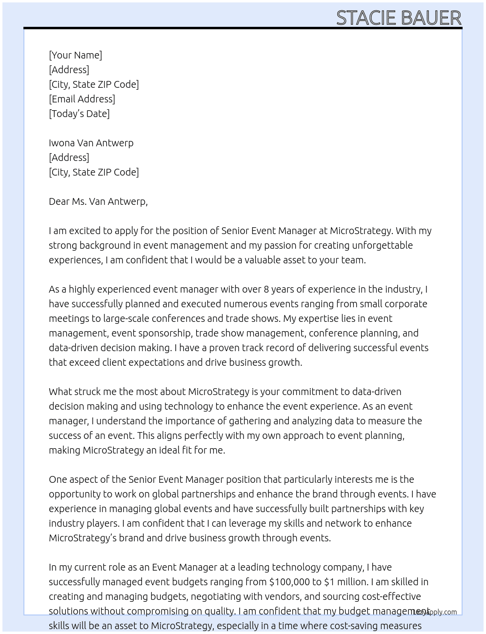 Senior Event Manager At MicroStrategy Cover Letter