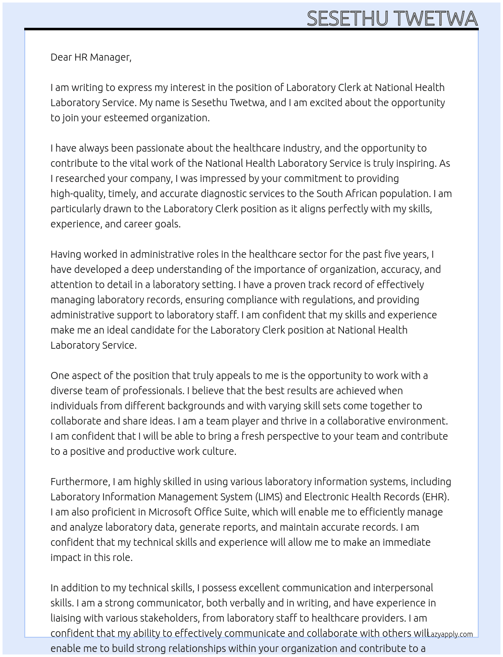 LABORATORY CLERK At national health laboratory service Cover Letter