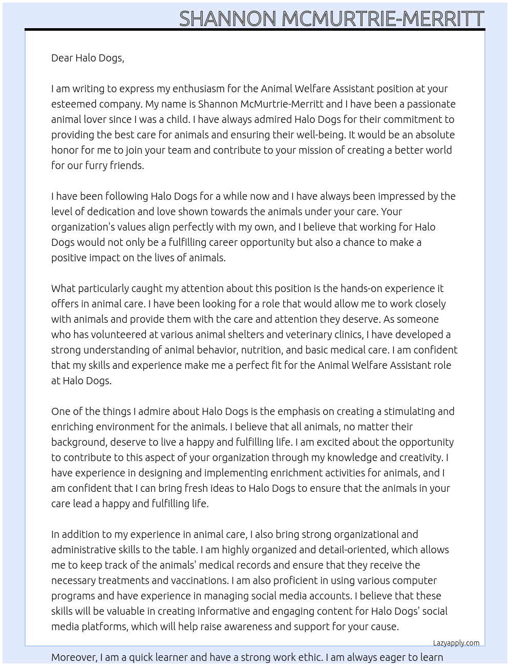 Animal Welfare Assistant At Halo Dogs Cover Letter
