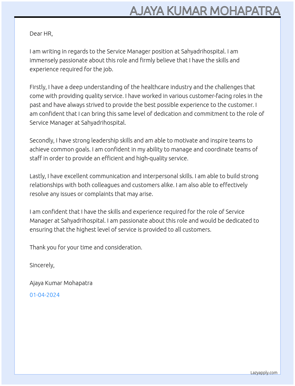 Service manager At sahyadrihospital Cover Letter