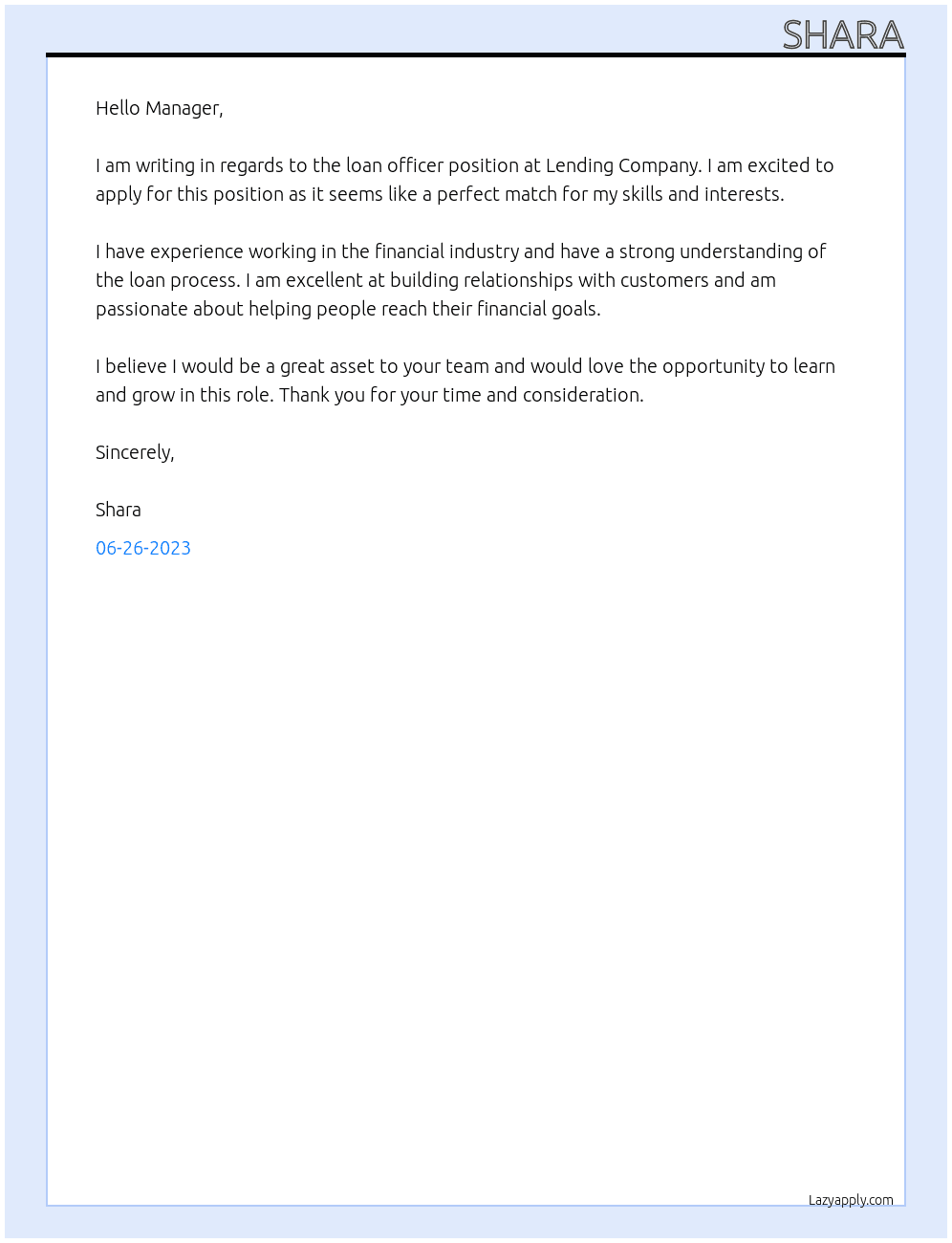 loan officer At lending company Cover Letter