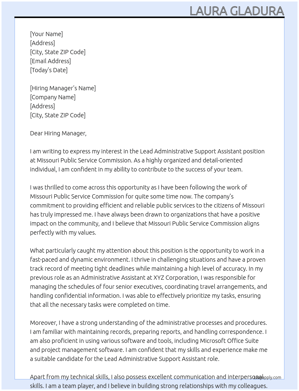 Lead Administrative Support Assistant At Missouri Public Service Commission Cover Letter