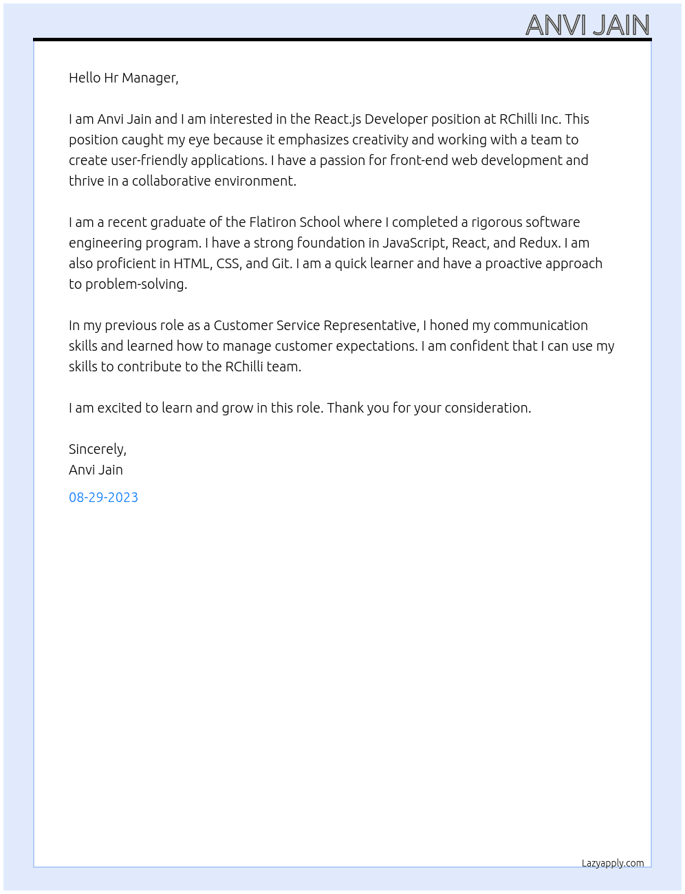 React.js Developer At RChilli Inc. Cover Letter
