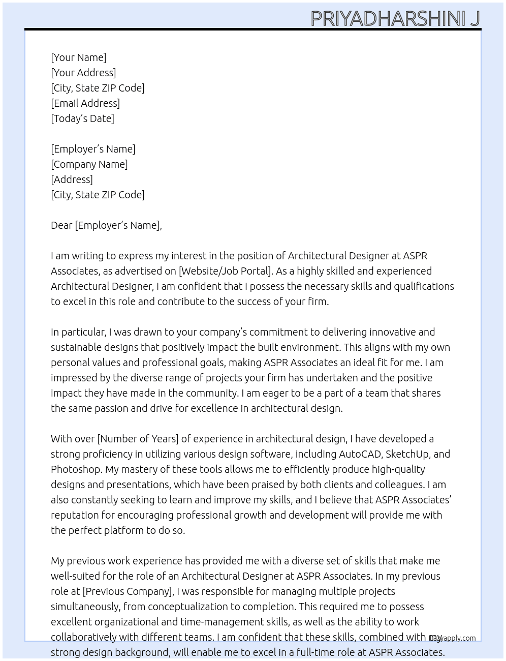 ARCHITECTURAL DESIGNER At ASPR ASSOCIATES Cover Letter