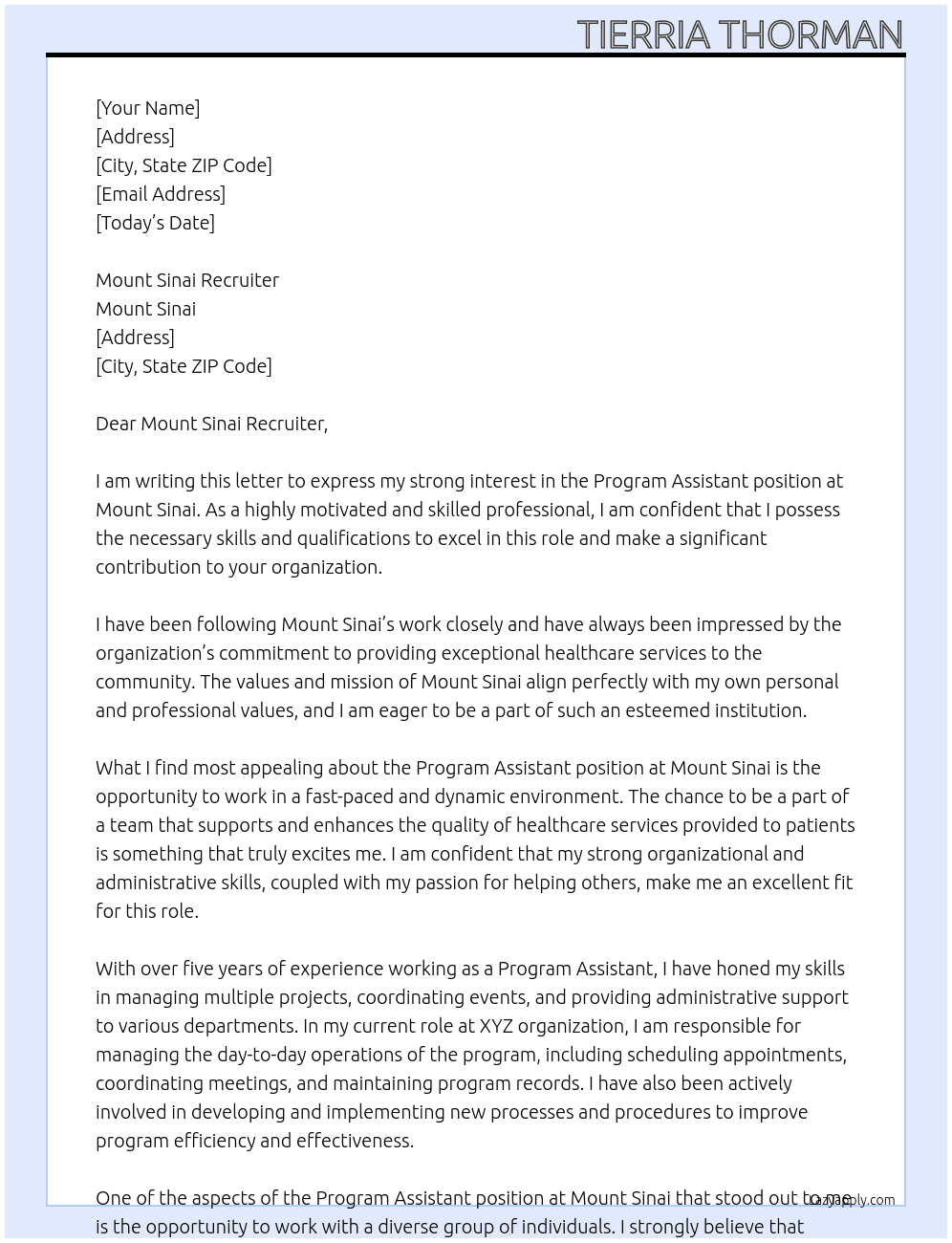 program assisant At Mount Sinai Cover Letter