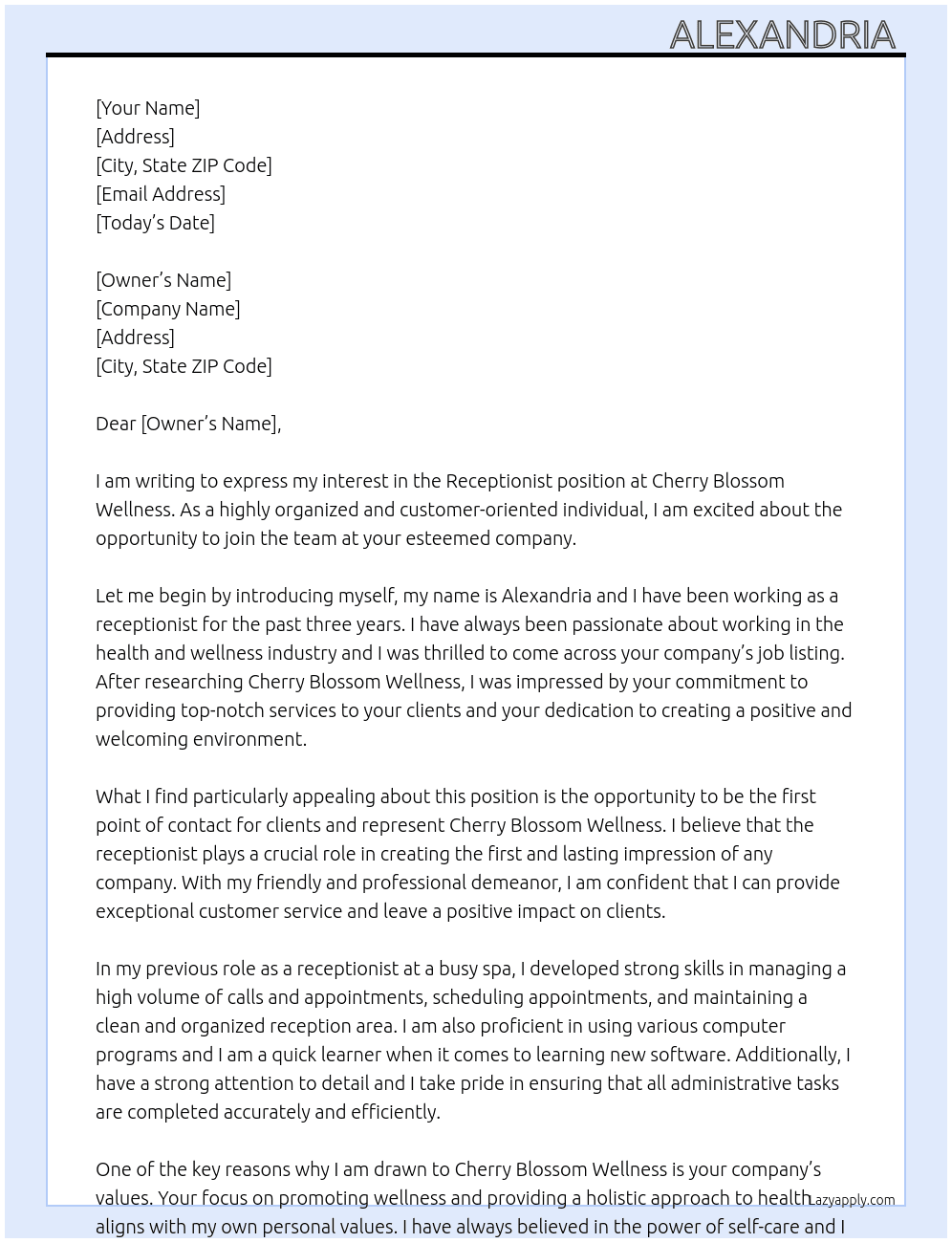 recieptionist  At cherry blossom wellness Cover Letter