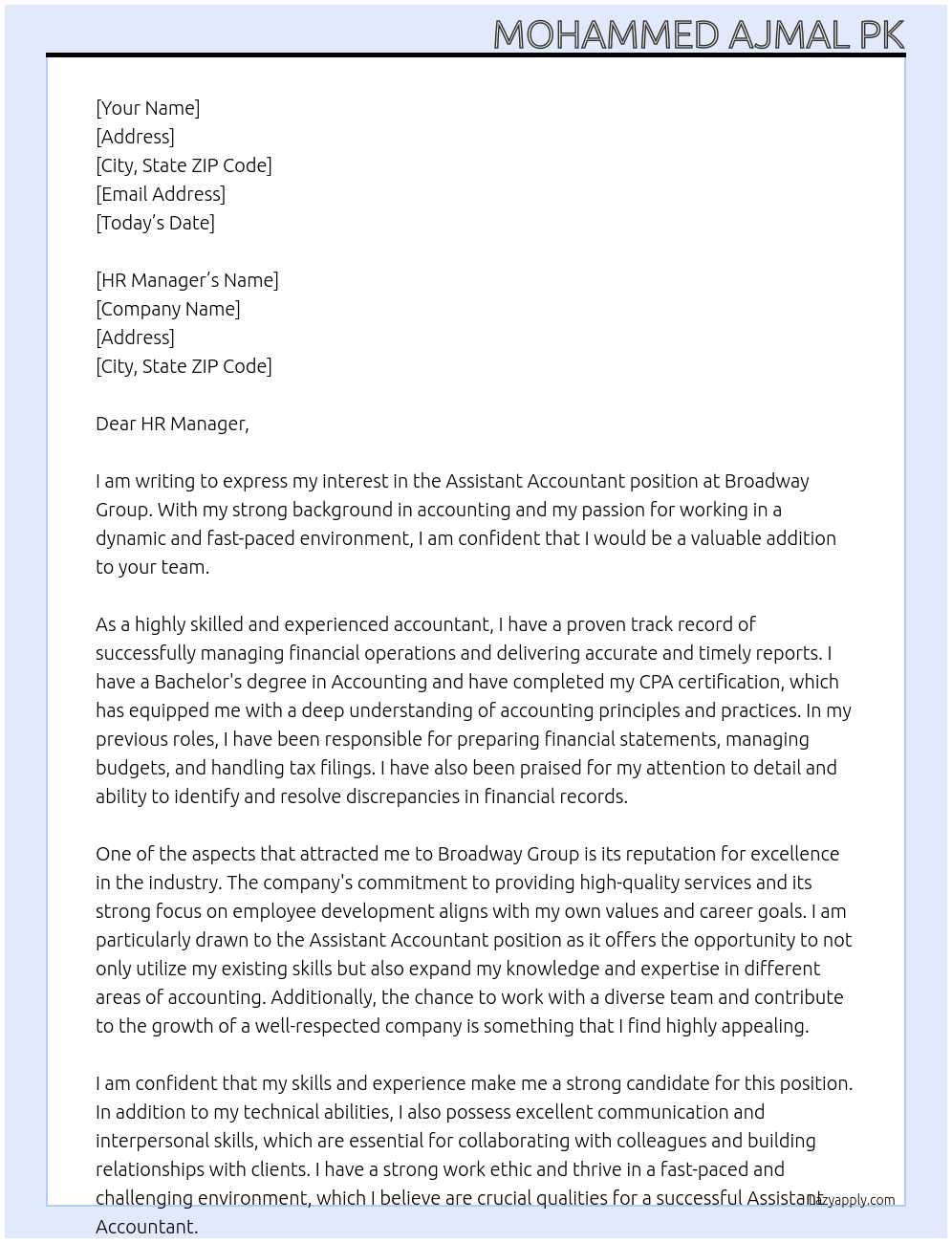 Assistant Accountant At Broadway Group Cover Letter