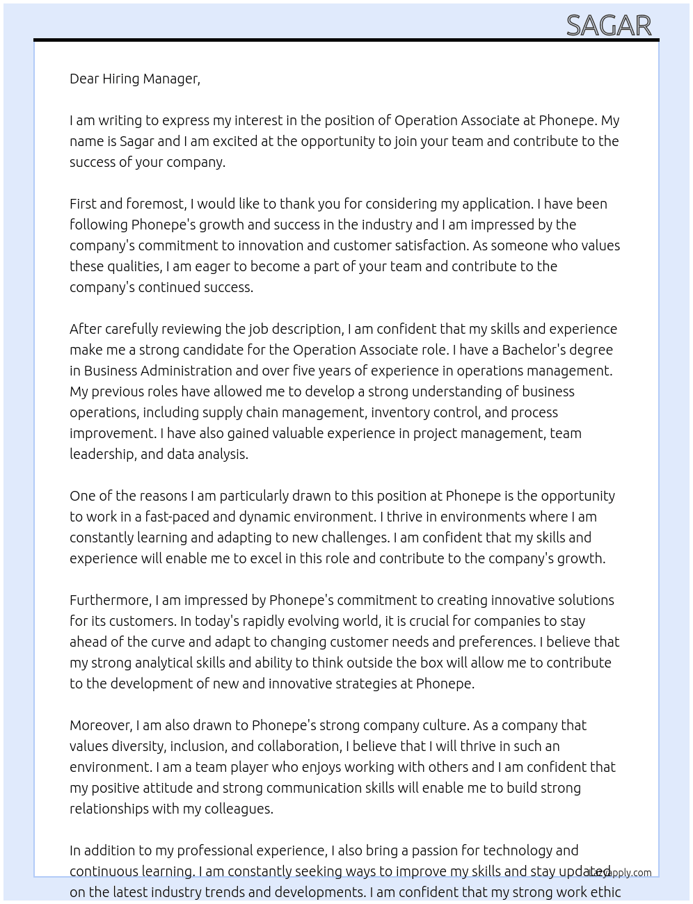Operation Associate At Phonepe Cover Letter