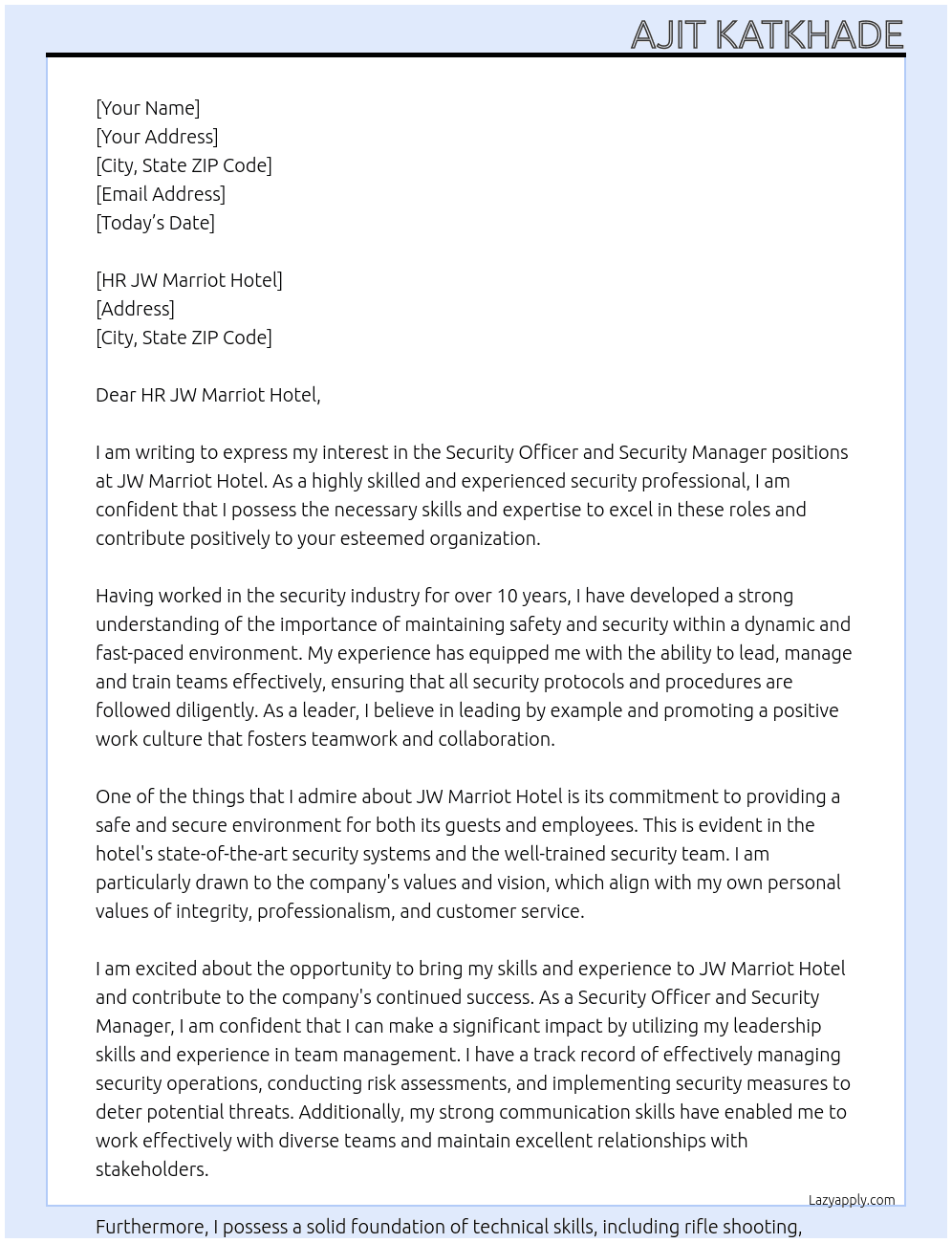 Cover letter for security officer, security manager - LazyApply