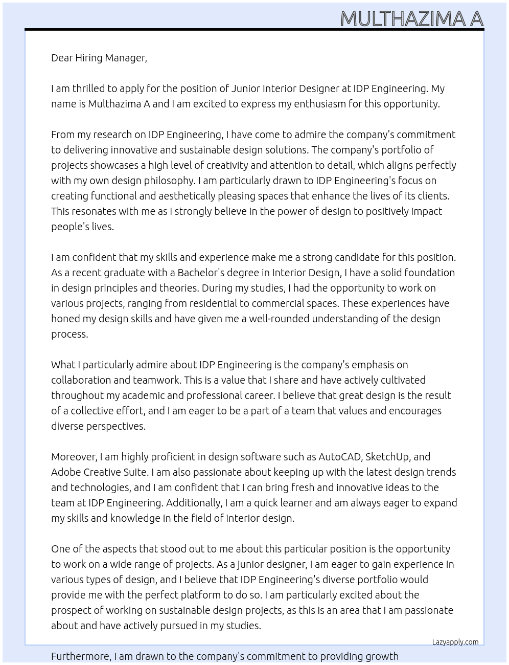 Junior Interior Designer At IDP Engineering  Cover Letter