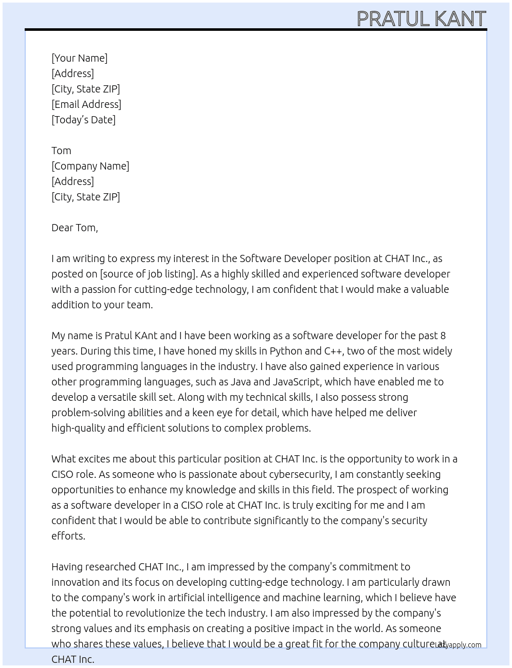 Software Developer At CHAT Inc. Cover Letter