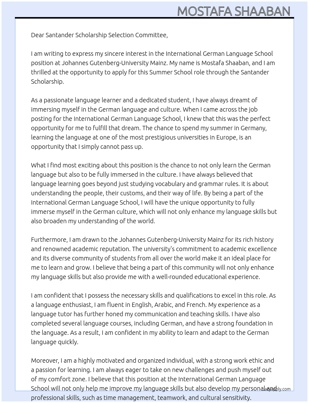 International German Language School At Johannes Gutenberg-University Mainz. Cover Letter