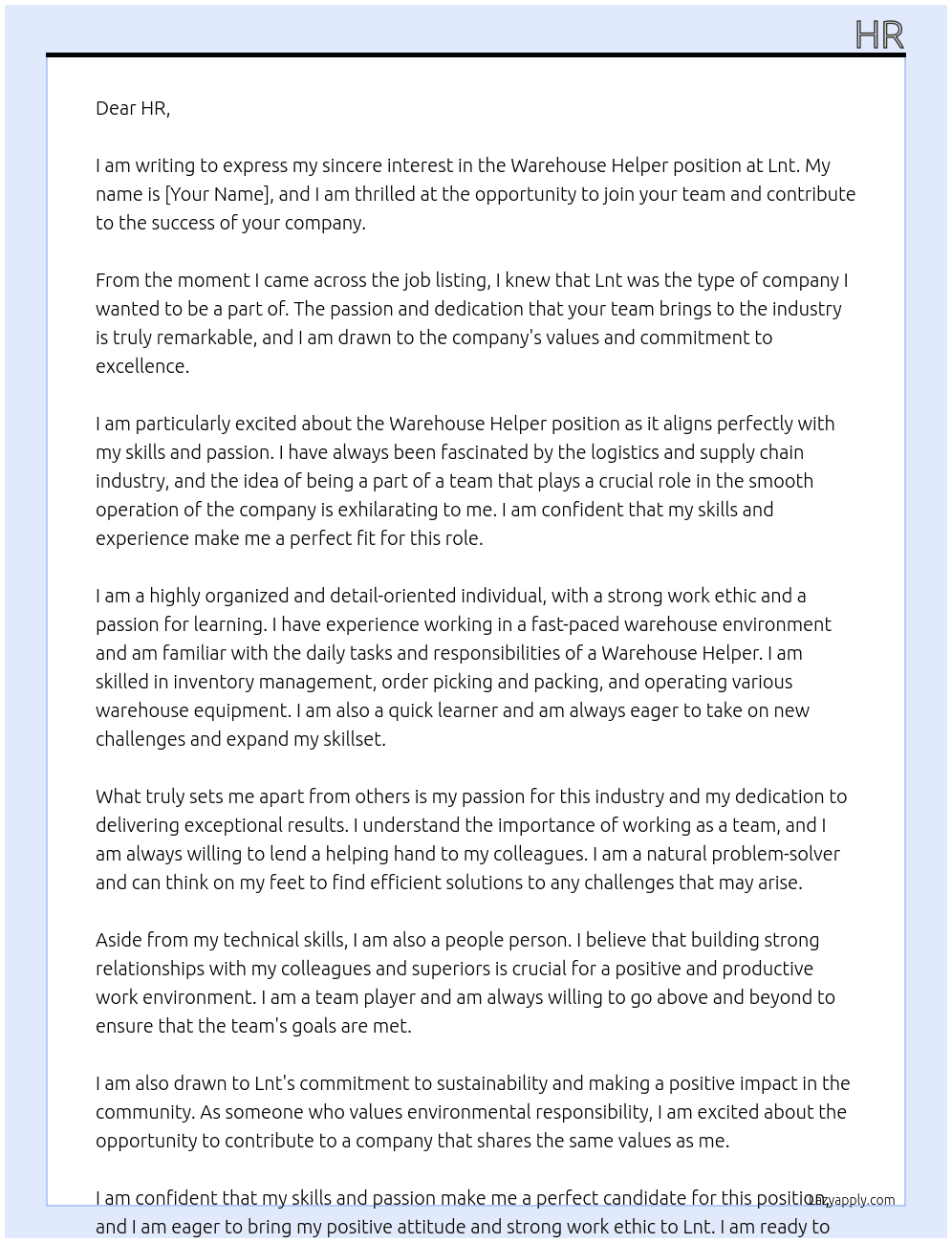 Warehouse helper  At  Lnt Cover Letter