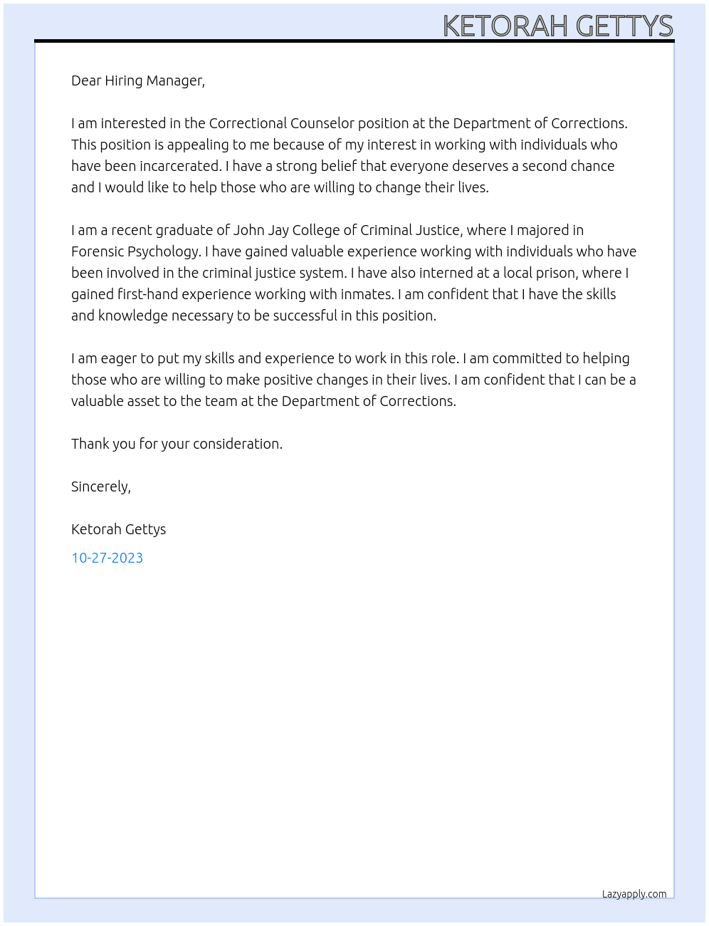 Correctional Counselor At Department of Corrections Cover Letter