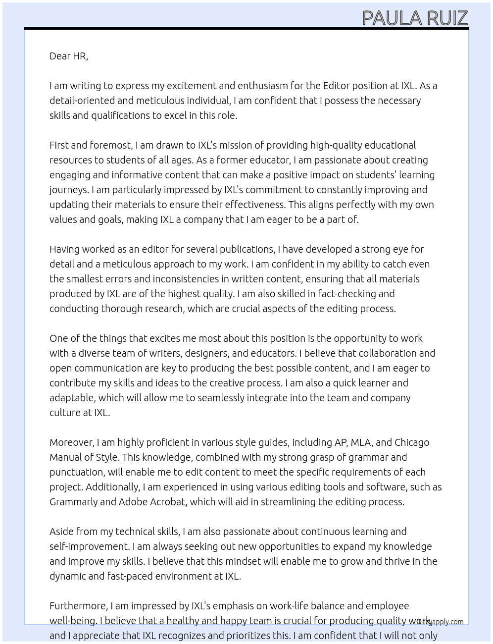 Editor At IXL Cover Letter